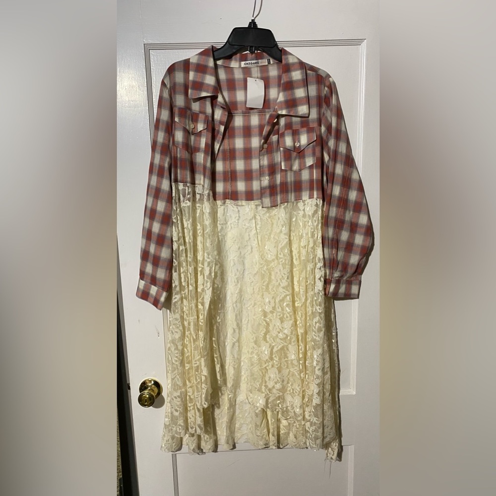 Plaid button up with lace bottom origami dress